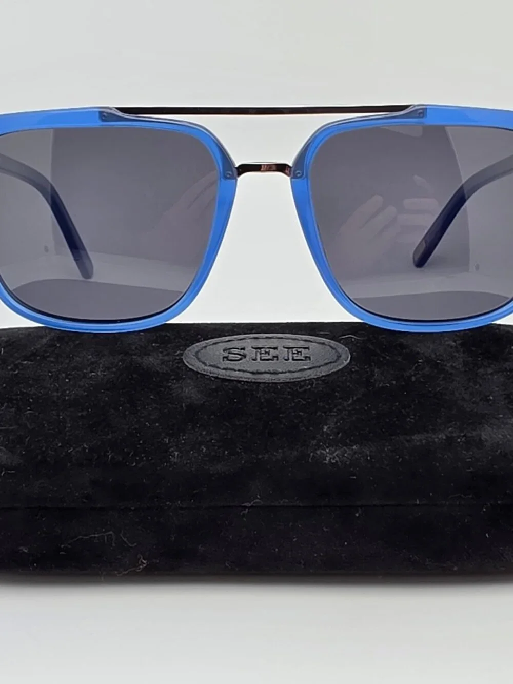 See Eyewear 1845 C239 Blue Frame Polarized Grey Lens Aviator Sunglasses w/ Case